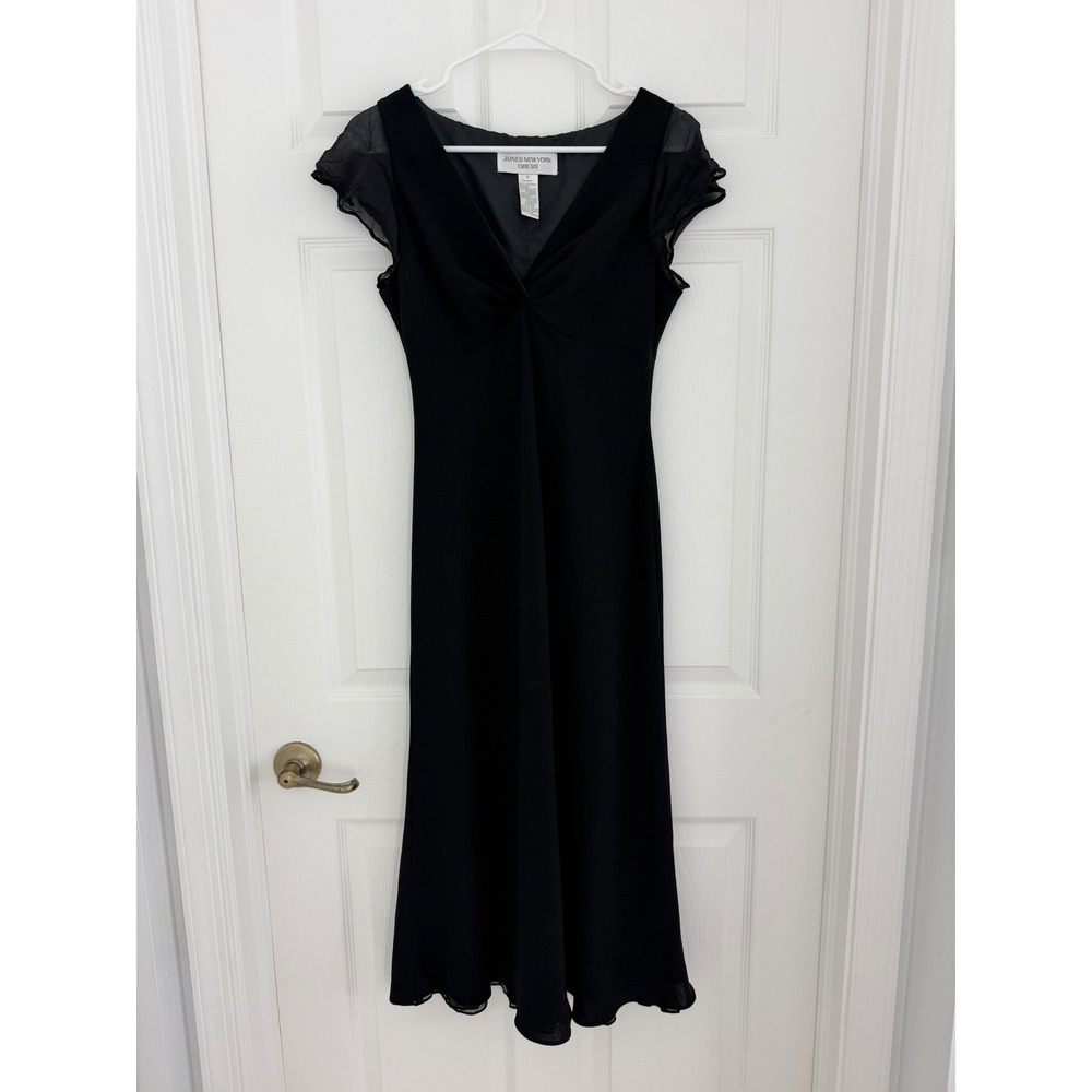 Vintage 90s Jones Black Maxi Dress Chiffon Flutter Cap Sleeves V-Neck 6 Formal